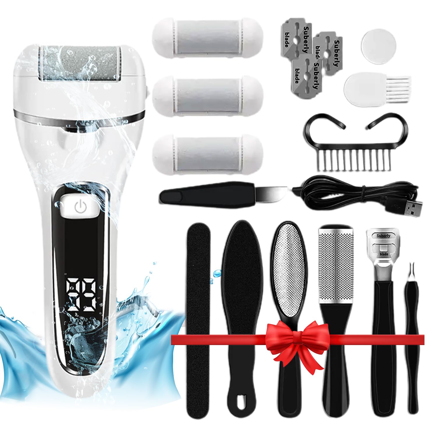 ECASA™ Electric Foot Callus Remover, Rechargeable Foot File Hard Skin Remover, Waterproof 14 in1 Professional Pedicure Kit for Cracked Heels Calluses & Dead Skin with 3 Roller Heads 2 Speed