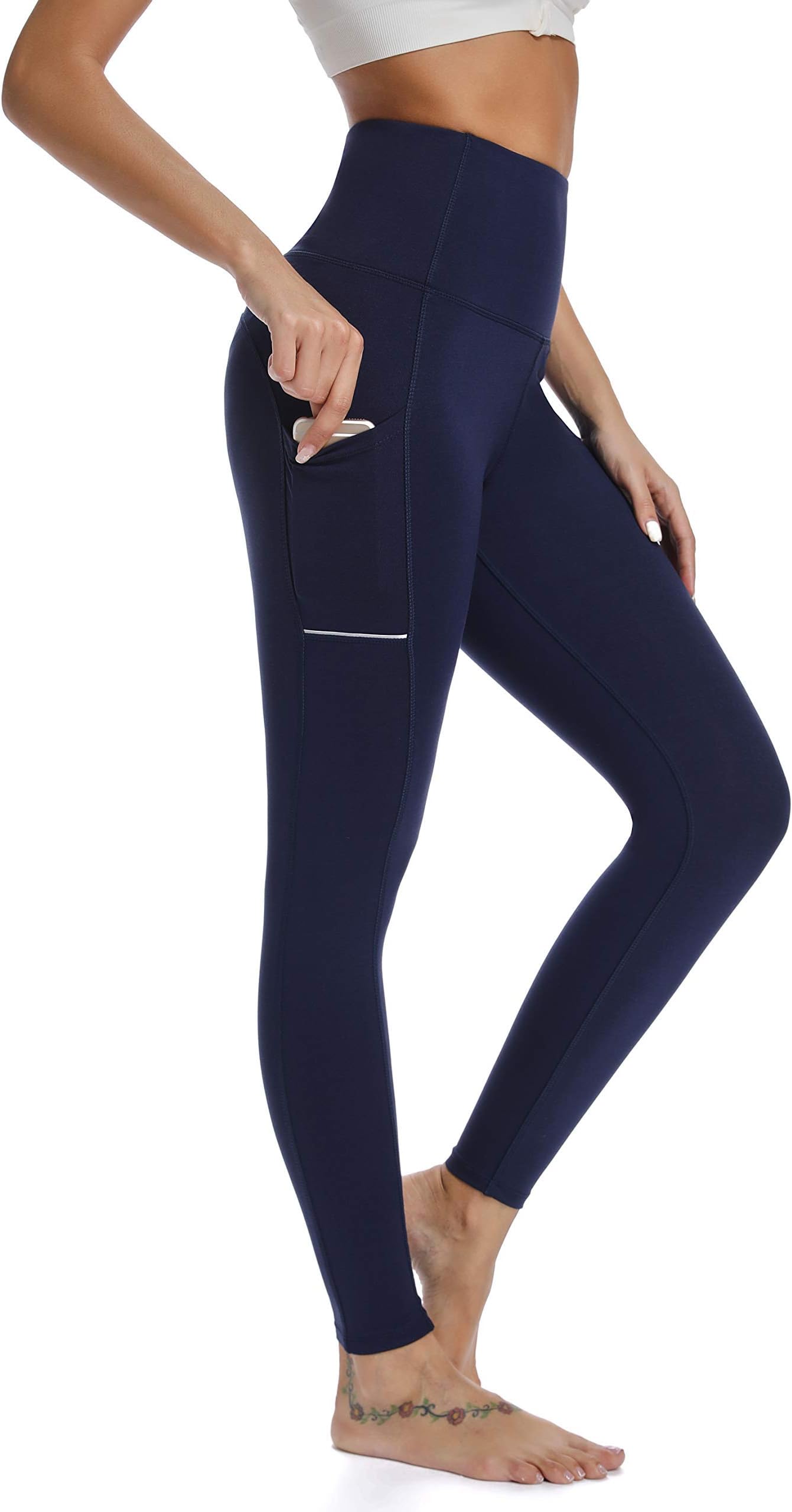 Yoga Pants with Pocket High Waisted Tummy Control Workout Leggings, Royal Blue, Medium