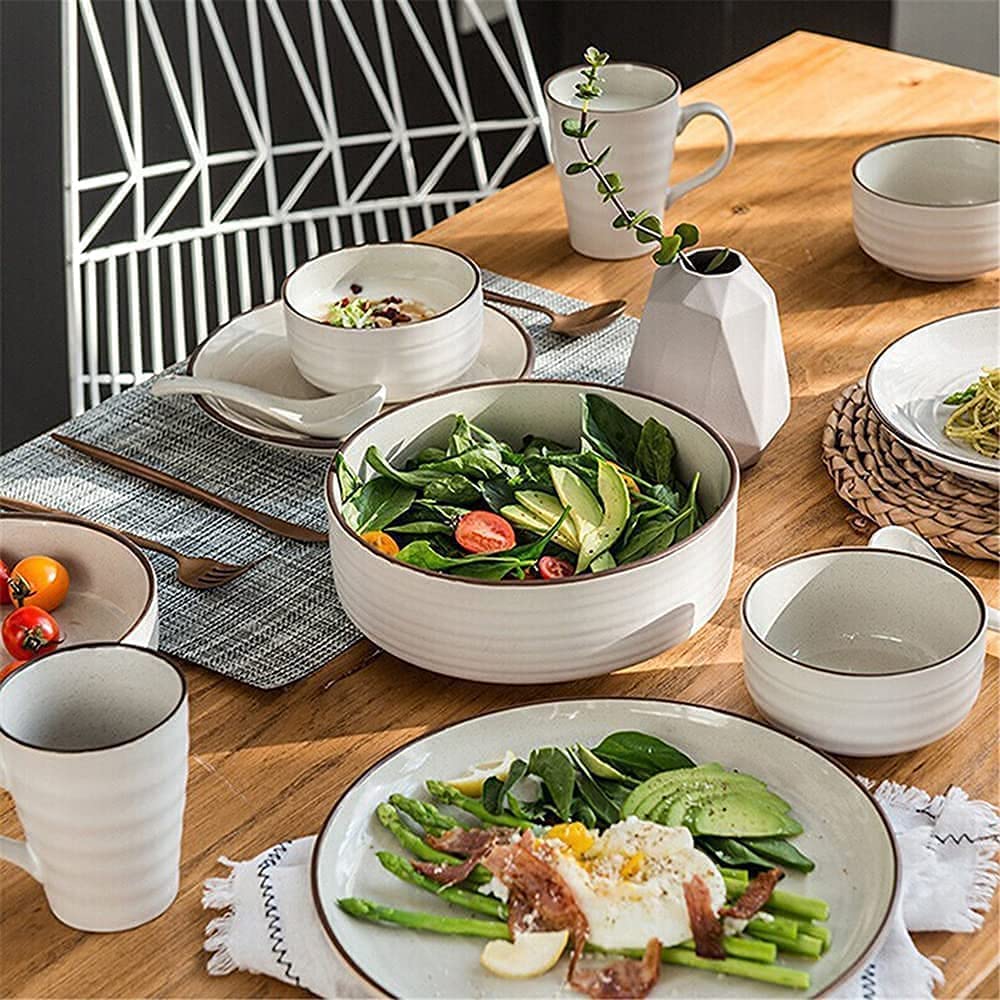 Zestaw obiadowy Luksusowy rodzinny zestaw obiadowy, Zestaw 8 kompletów naczyń dla ludzi, Ceramiczne talerze i miski w stylu nordyckim retro, 42-częściowe zestawy obiadowe, Płaskorzeźbiona porcelana