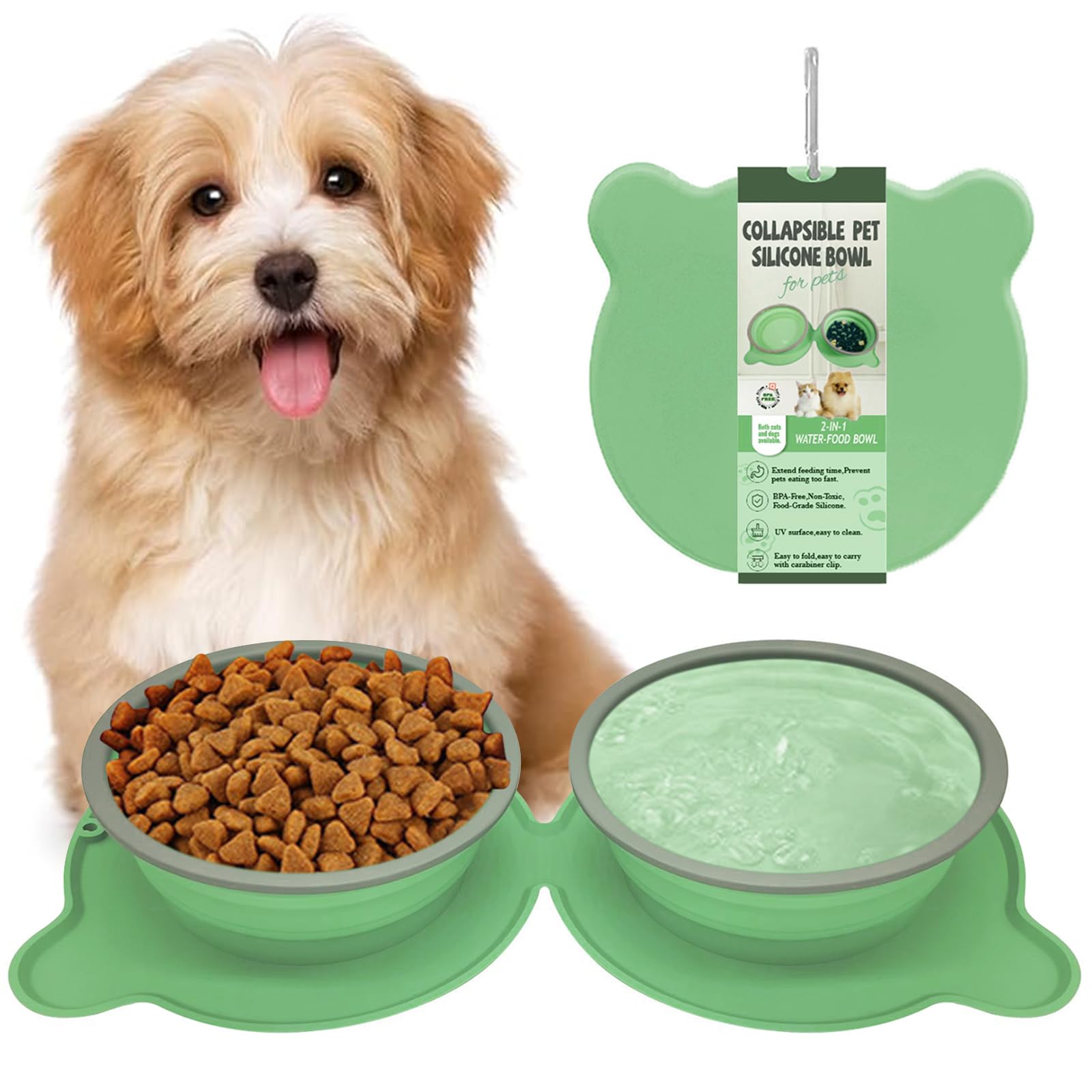 Jicyor Comederos Plegables para Perros, Comedero de Viaje 2 en 1, Comedero Portátil para Perros Grandes y Pequeños, Adecuado para Viajes, Paseos, Excursiones, etc. (Verde)