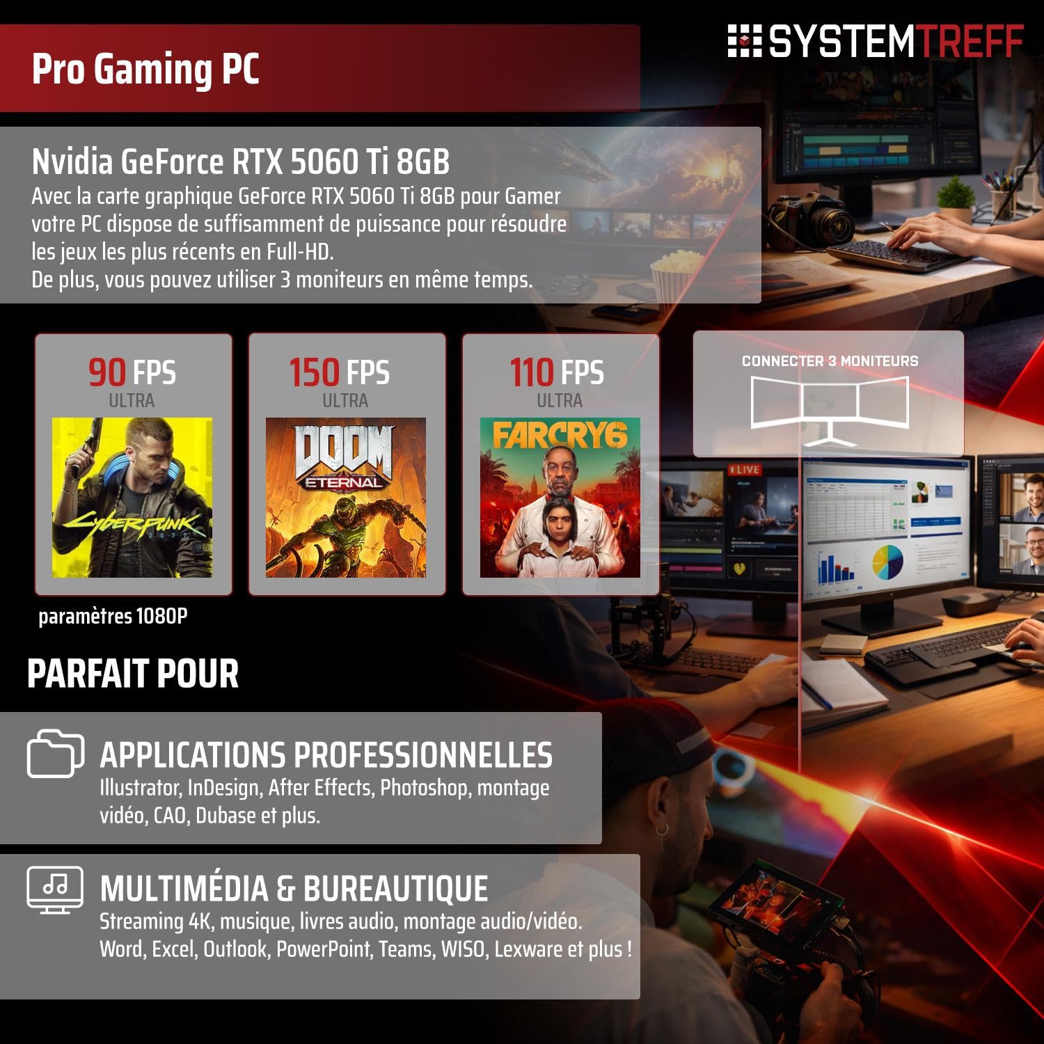 SYSTEMTREFF PC Gamer - AMD Ryzen 7 5700X - RTX 5060 Ti 8Go
