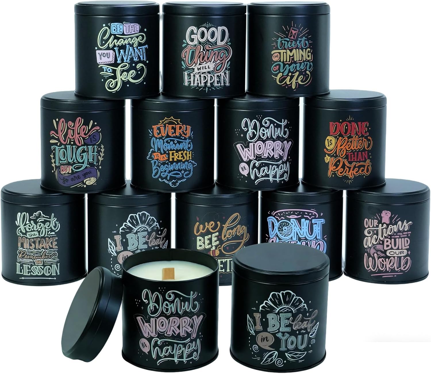 Candle Tin Jars with Lids, 12 Pack, Black Matte Metal, 8 oz, Cylindrical, Inspirational Quotes Design (Black&Colorful)