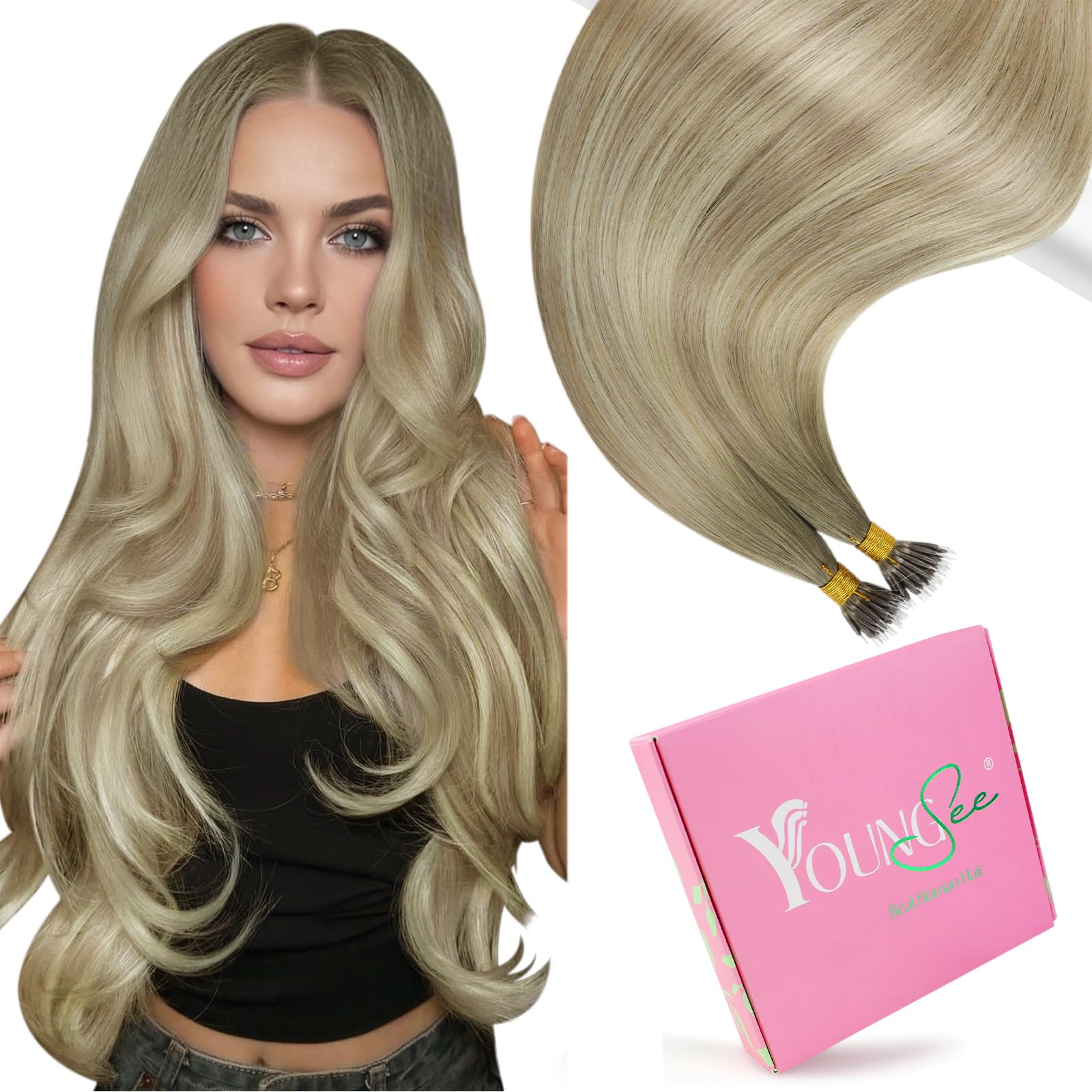 YoungSee Nano Beads Hair Extensions Blonde 14inch Nano Hair Extensions Warm Ash Blonde Highlights Bleach Blonde Nano Ring Hair Extension Highlight for Women Cold Fusion 50g Short Straight 50s — view 34