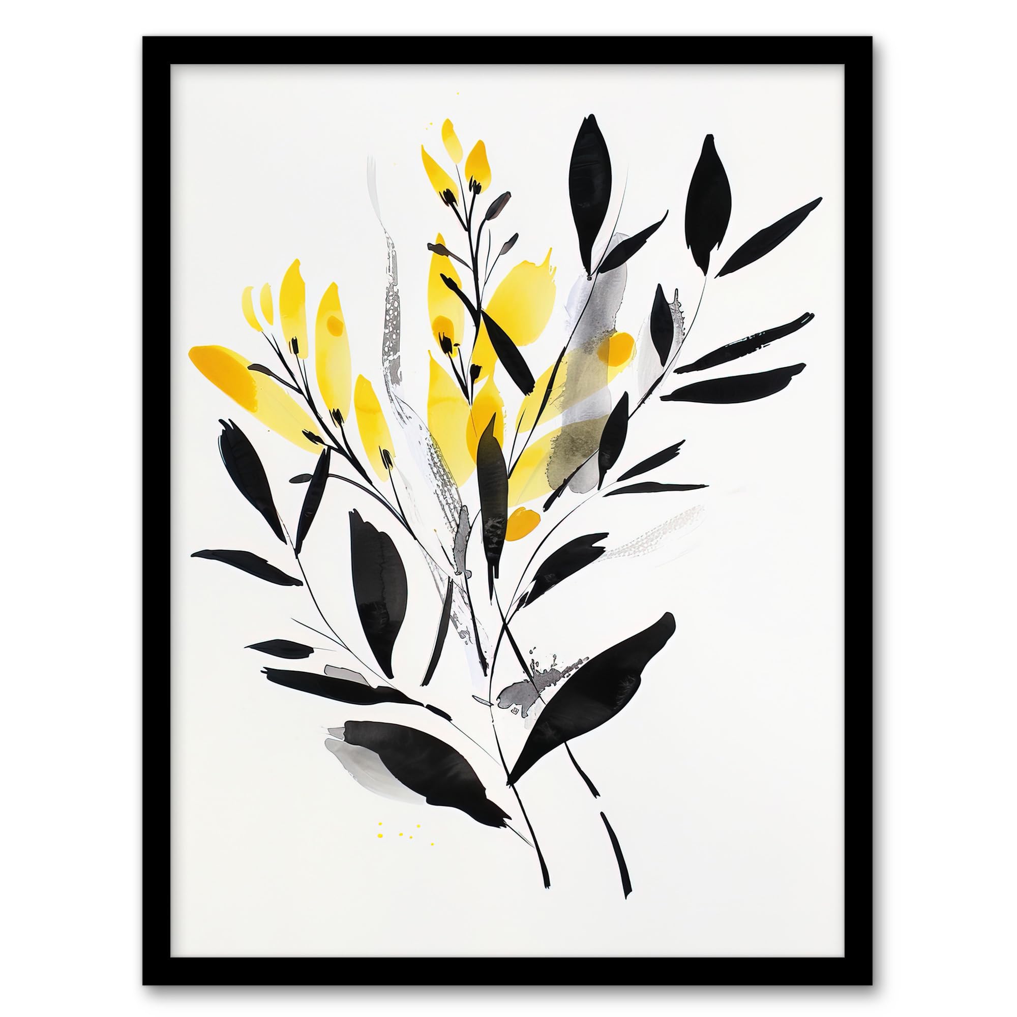 Artery8 Abstract Botanical Yellow Black Leaves Fronds Living Room Artwork Framed Wall Art Print 18X24 Inch