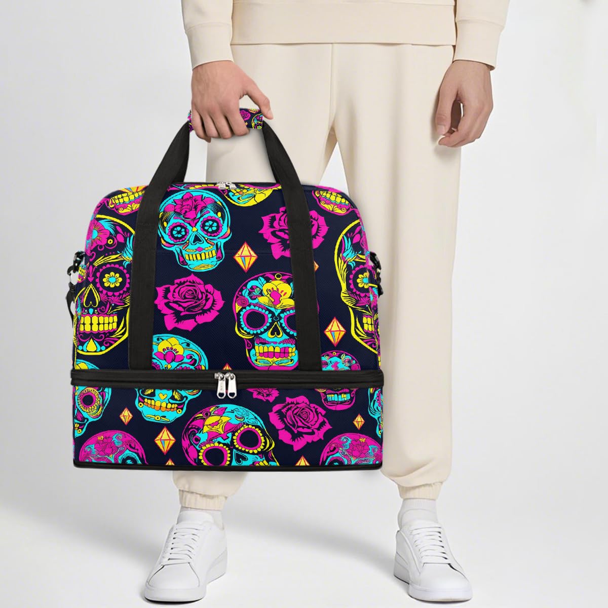 Borsone da viaggio pieghevole con motivo di teschi di zucchero, borsa da palestra espandibile con scomparto per scarpe, borsa da weekend di grande capacità, borsa da viaggio per sport, viaggi notturni