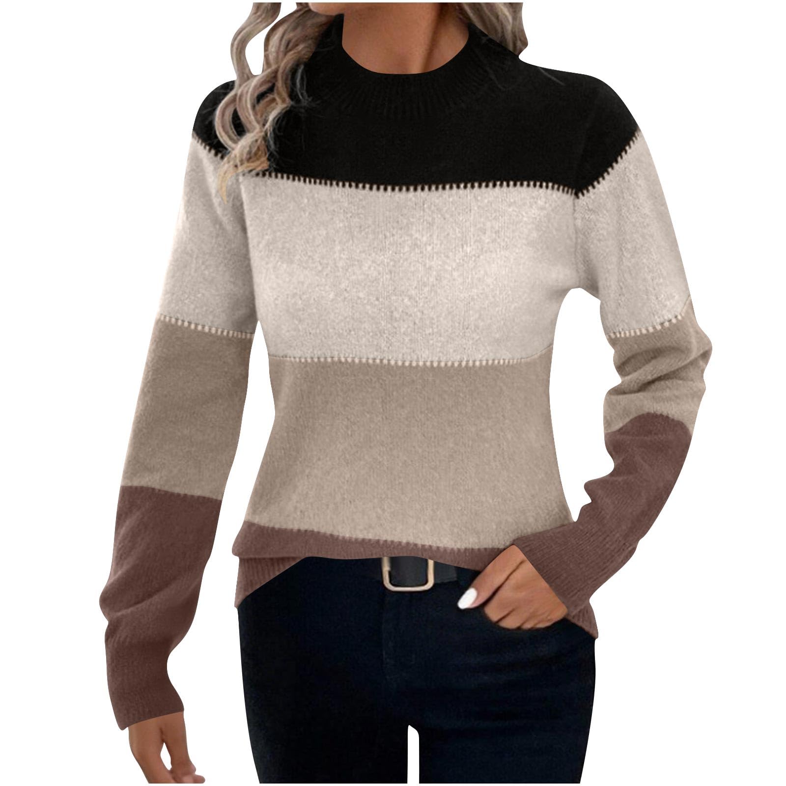 Womens Lightweight Cabel Knit Pullover Sweaters Long Sleeve Fall Winter Business Casual Color Block Sweater Tops