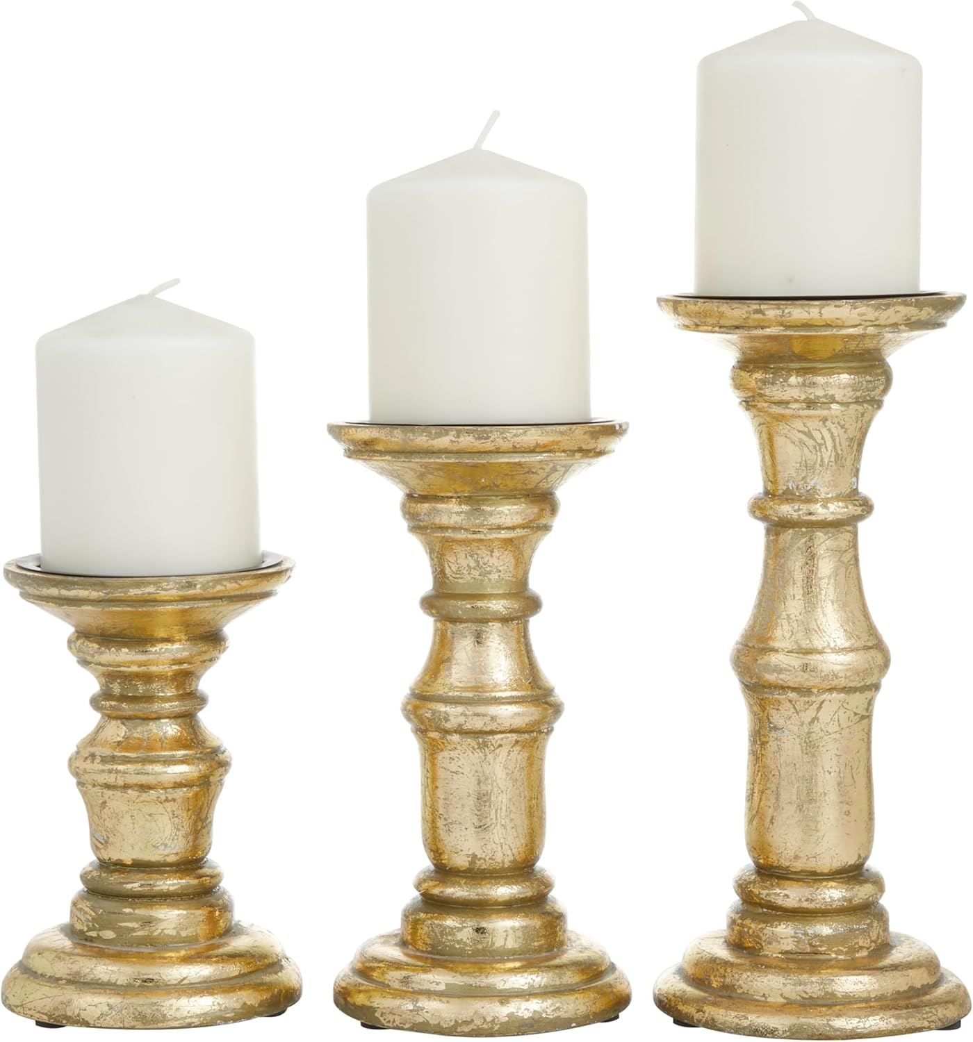 Deco 79 Mango Wood Decorative Candle Holder Turned Style Pillar Candle Stand, Set of 3 Candlestick Holder 10", 8", 6" H, Gold