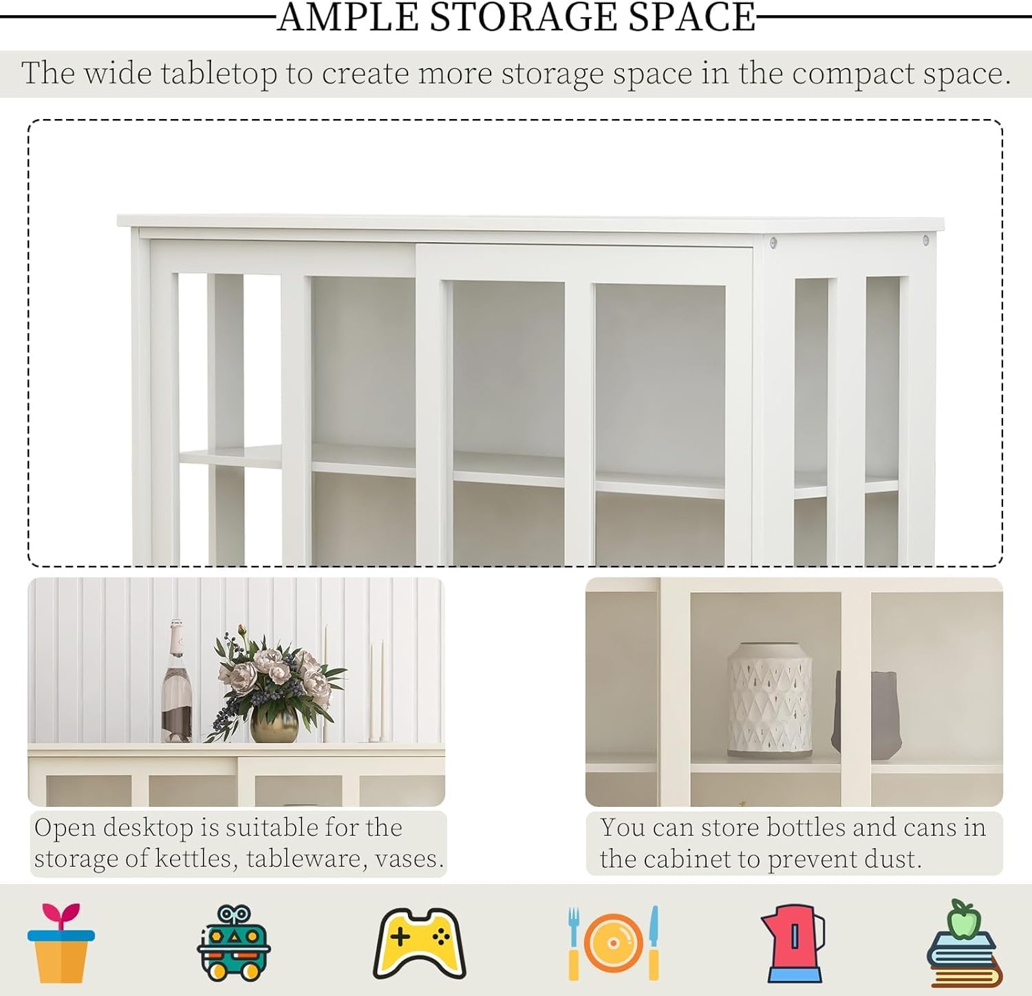 White Sideboard Buffet Cabinet with Storage, Modern Wooden Storage Cabinet with Sliding Glass Door & Adjustable Shelf, Accent Coffee Bar Console Table for Living Room, Kitchen, Hallway