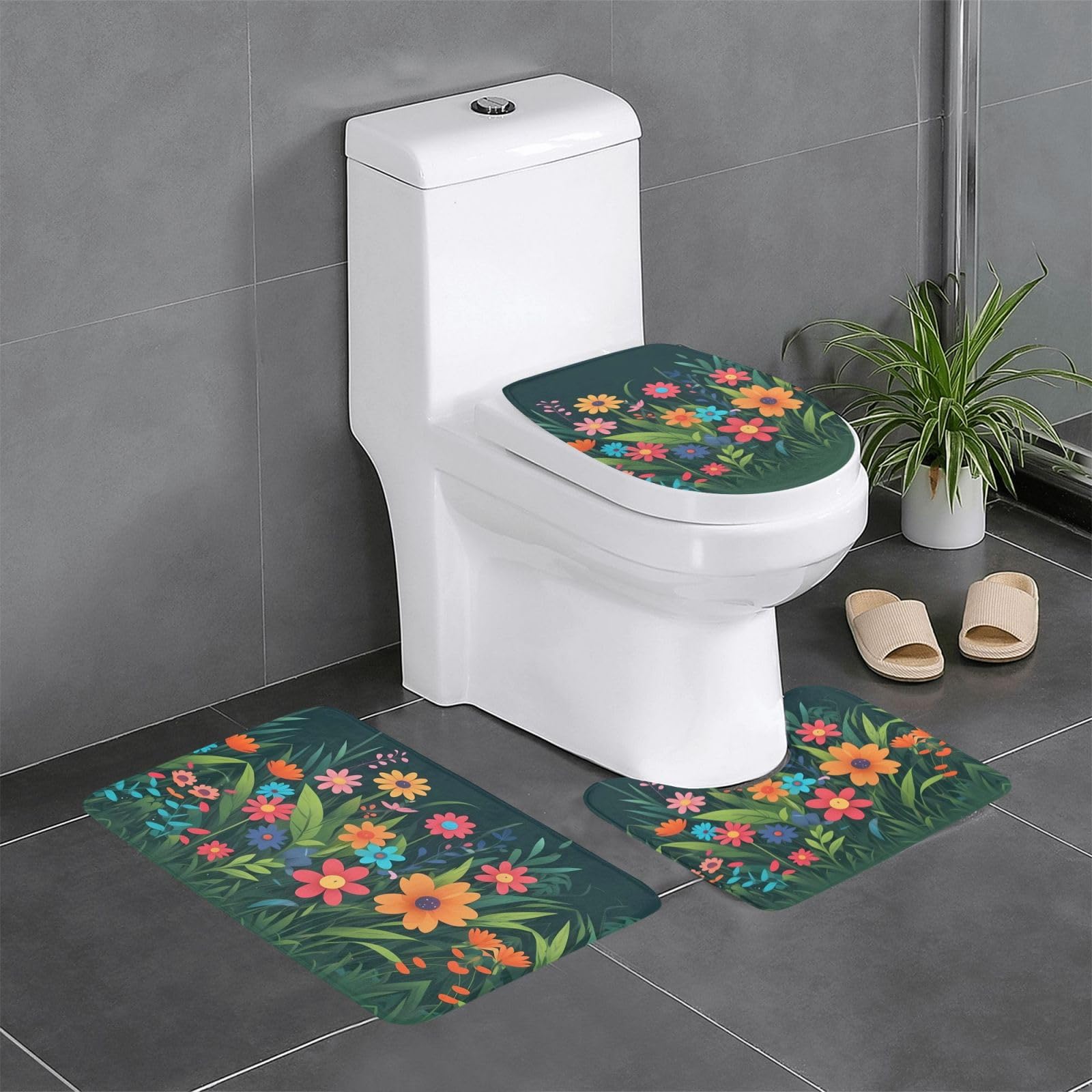 Tapis de salle de bain antidérapants lot de 3 avec contour WC, tapis ovale et rectangulaire fleur