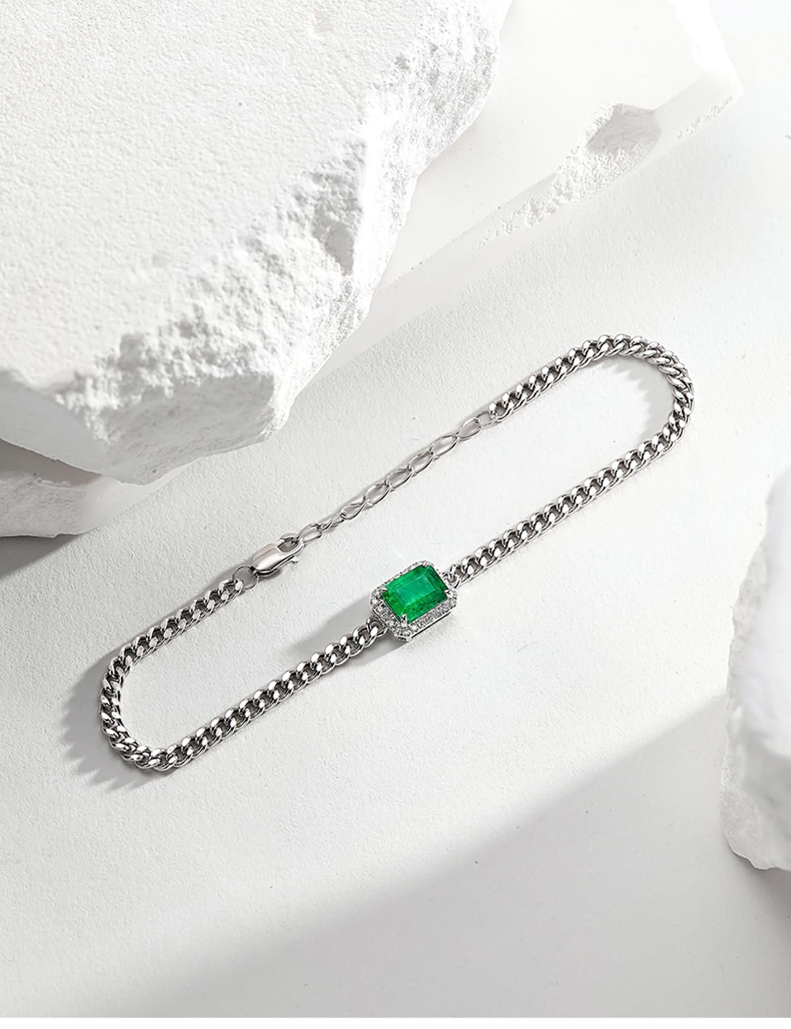 Pulseras para mujer de oro blanco de 9 quilates con esmeralda de 1,4 quilates y diamante, pulseras de joyería para novia de 20 + 3 cm