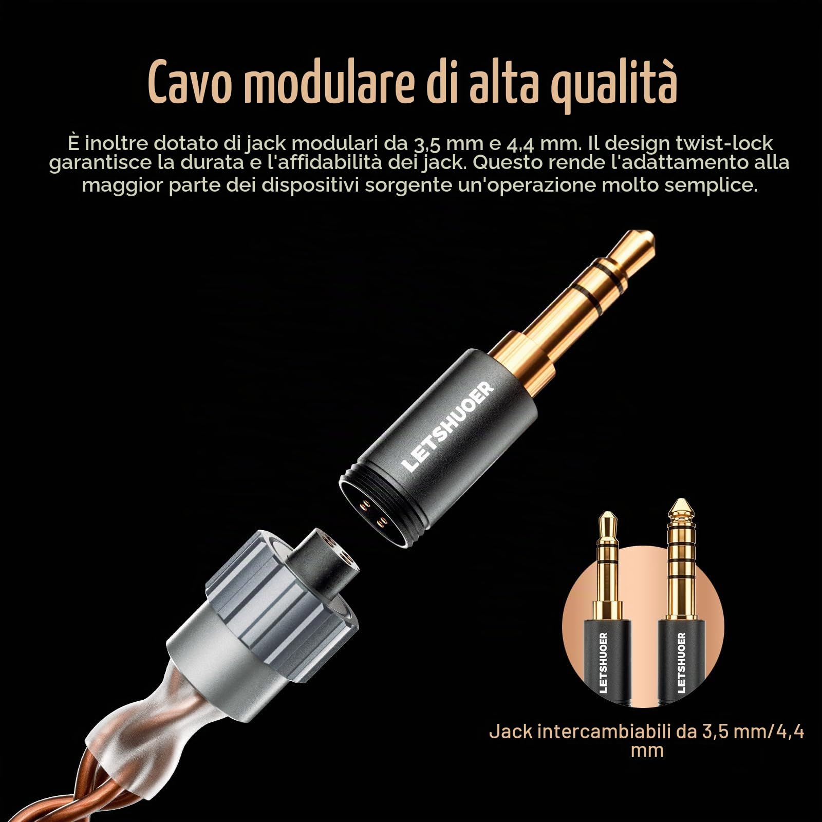 Letshuoer S08 - Auricolari in-ear di quarta generazione, con doppia bobina da 13 mm, driver magnetico planare, Hi-Fi, cablati, IEM planare con cavo in rame placcato argento a 2 pin staccabili (nero)