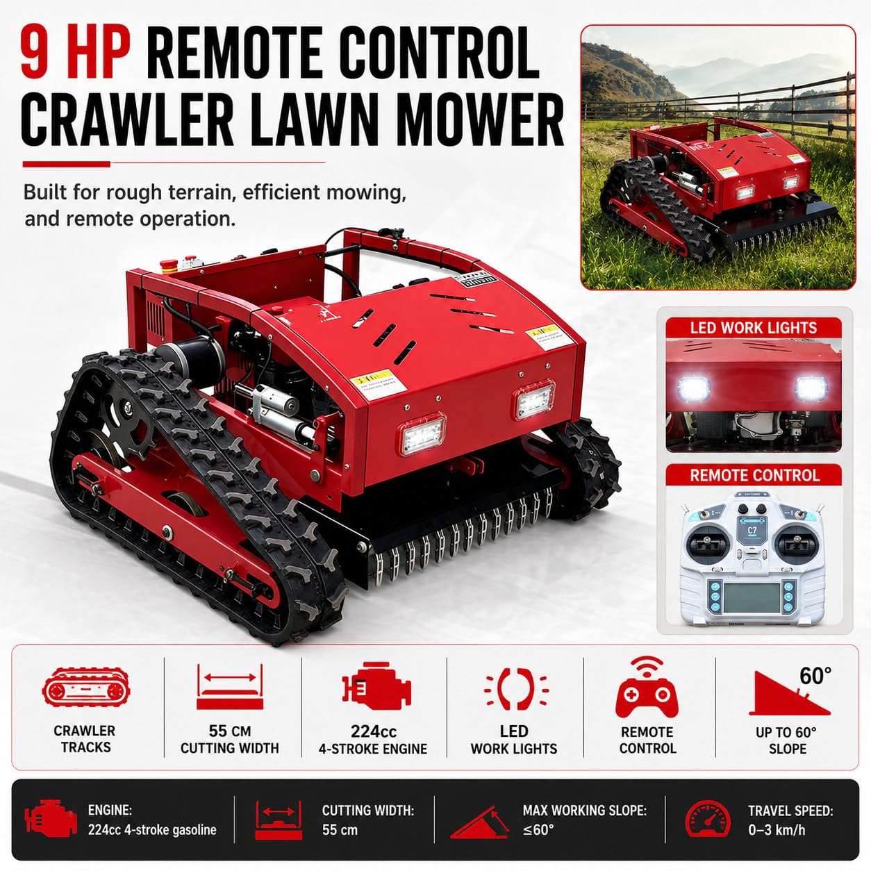 Cortacésped De Orugas con Control Remoto De 9 HP | Motor De Gasolina De 4 Tiempos 224cc, Ancho De Corte De 55 Cm, Pendiente De Hasta 60°, Luces LED Para Siega Nocturna