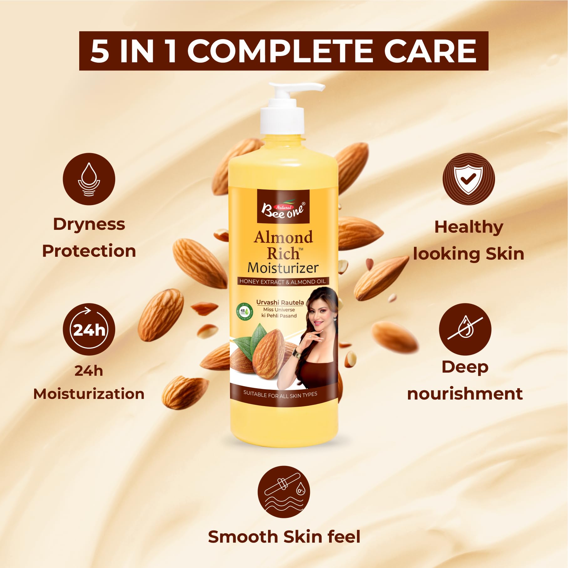 Bee One Almond Rich Moisturizer 1000ml, Deep Nourishment Lotion with 24H Moisture Lock & All-Day Protection, Transforms Dry & Flaky Skin to Smooth, Baby Soft & Glowing, All Skin Types, Men & Women 2