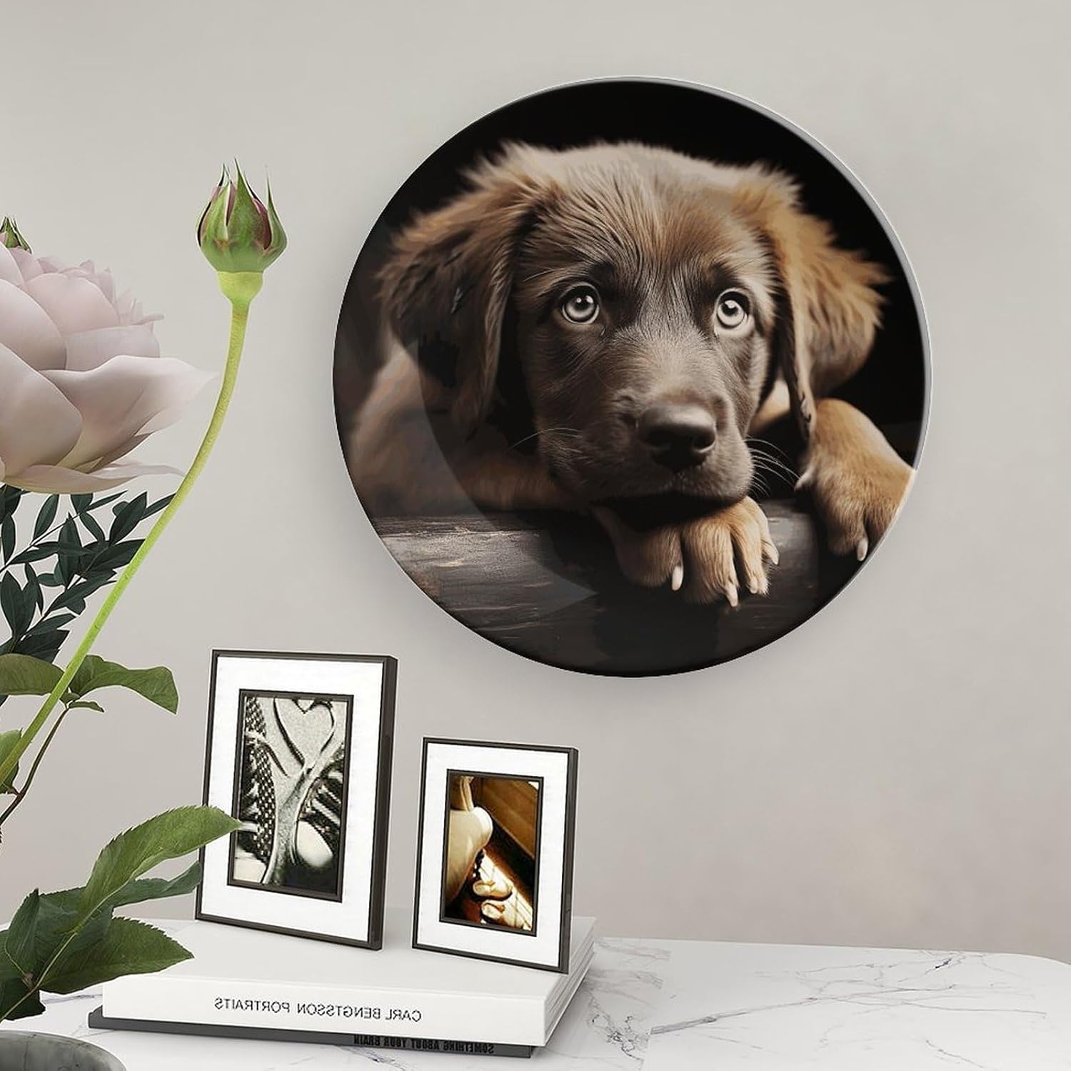 Puppies Dog Bone China Decorative Plate with Display Stand, Ceramic Ornaments Plate for Wall Hanging, Personalized Porcelain Plates for Office, Living Room 8inch