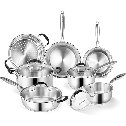 Stainless Steel Kitchen Cookware Set,11 Piece Pots and Pans Set with Steamer,Heat-resistant Handle,Non-Toxic,Induction,Oven,Dishwasher Safe
