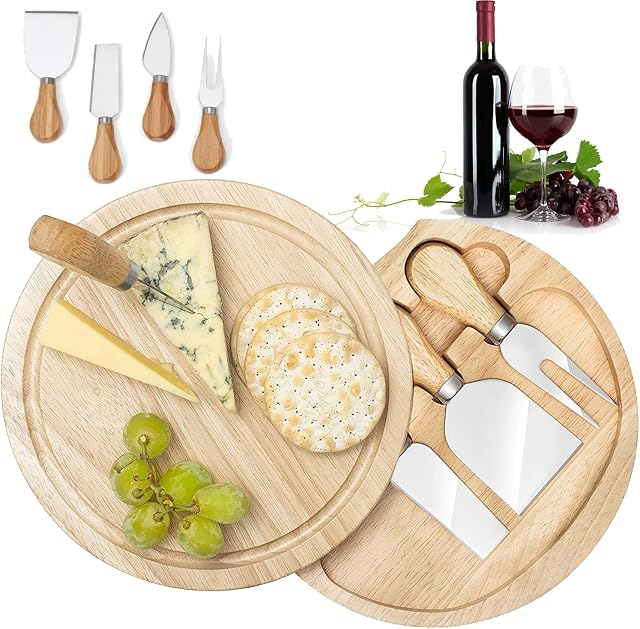 CUQOO Cheese Board Set with Round Wooden Board with Integrated Slide Out Knife Compartment, 3 Stainless Steel Knives and Fork, Fruit, Cheese & Meats Food Board, Suitable for Picnics Parties Gift Set