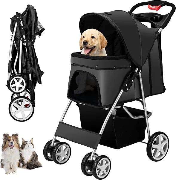 Unisakey 4 Wheels Pet Stroller for Small Medium Dogs Cats 10-33 lbs, Foldable Dog and Cat Stroller with Cup Holder & Storage Basket & Breathable Mesh, Pet Strolling Cart for All-Season, Black