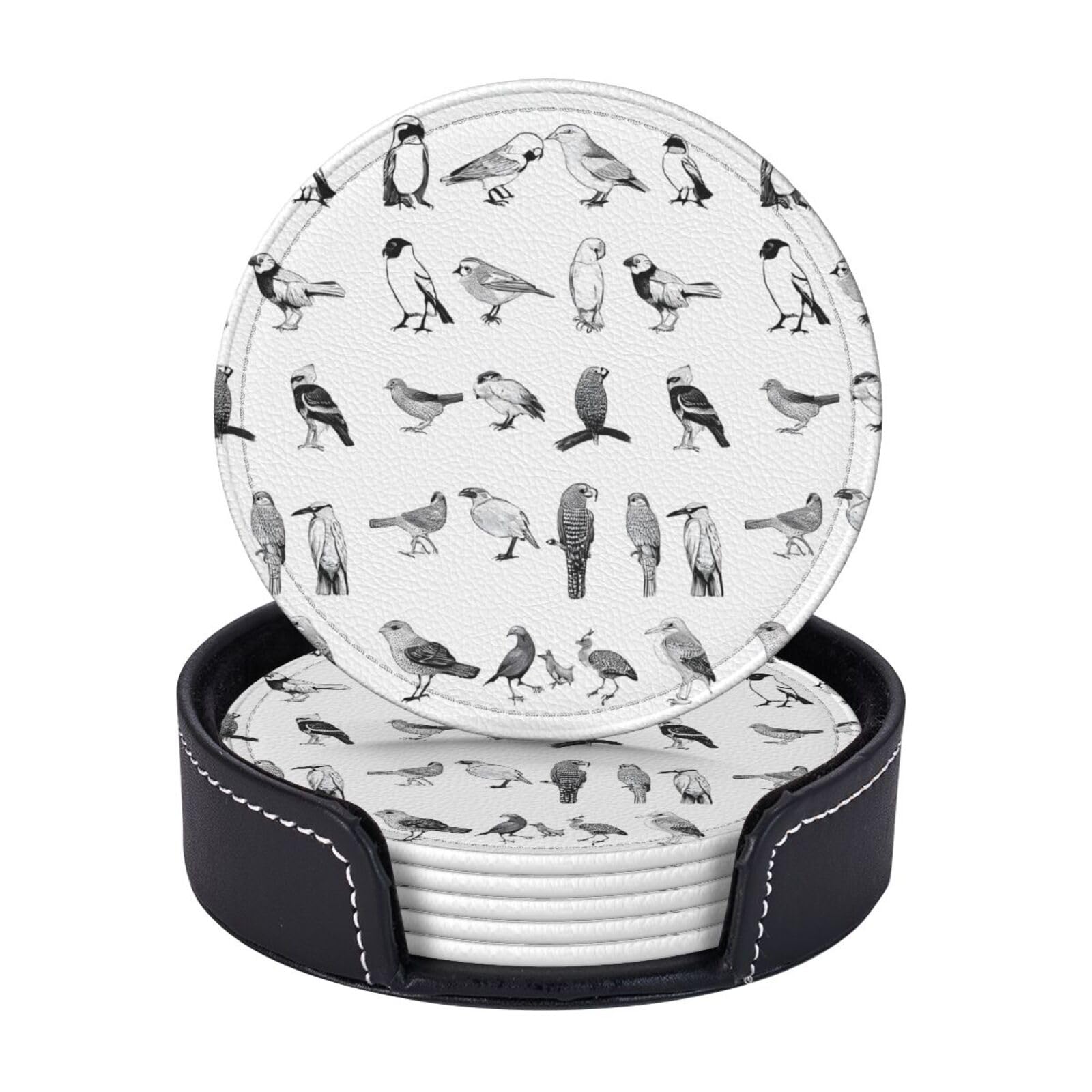 Coasters Set of 6 Microfiber PU leather Coasters with Holders for Drinks Coffee Bar Accessories, House Apartment Coffee Table Decor, Housewarming Gifts - Black and White Birds