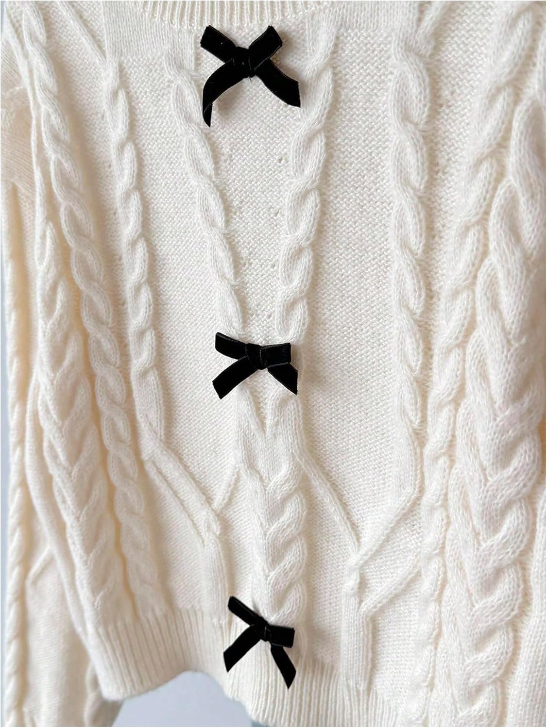 SHENHE Girl's Bow Sweater Pullover Cable Knit Crewneck Long Sleeve Fall Cropped Sweater Jumper - Image 4