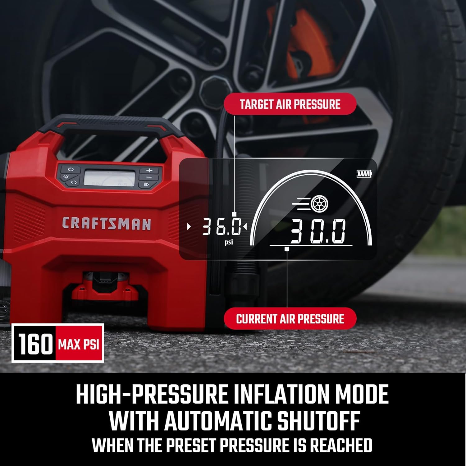 CRAFTSMAN Inflator/Vacuum/Blower 3-IN-1,Tire Inflator Portable Air Compressor with LED Light,Quiet Car Vacuum or Blower, 160 PSI for Car RV Truck,12V DC Corded and 20V DC Cordless,Tool Only - Image 7