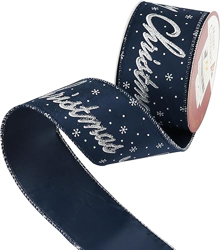 Miniatura 4 de HUIHUANG Cinta de terciopelo de Navidad con alambre azul marino y plateado con purpurina para árbol, fabricación de lazos, corona, envoltura de