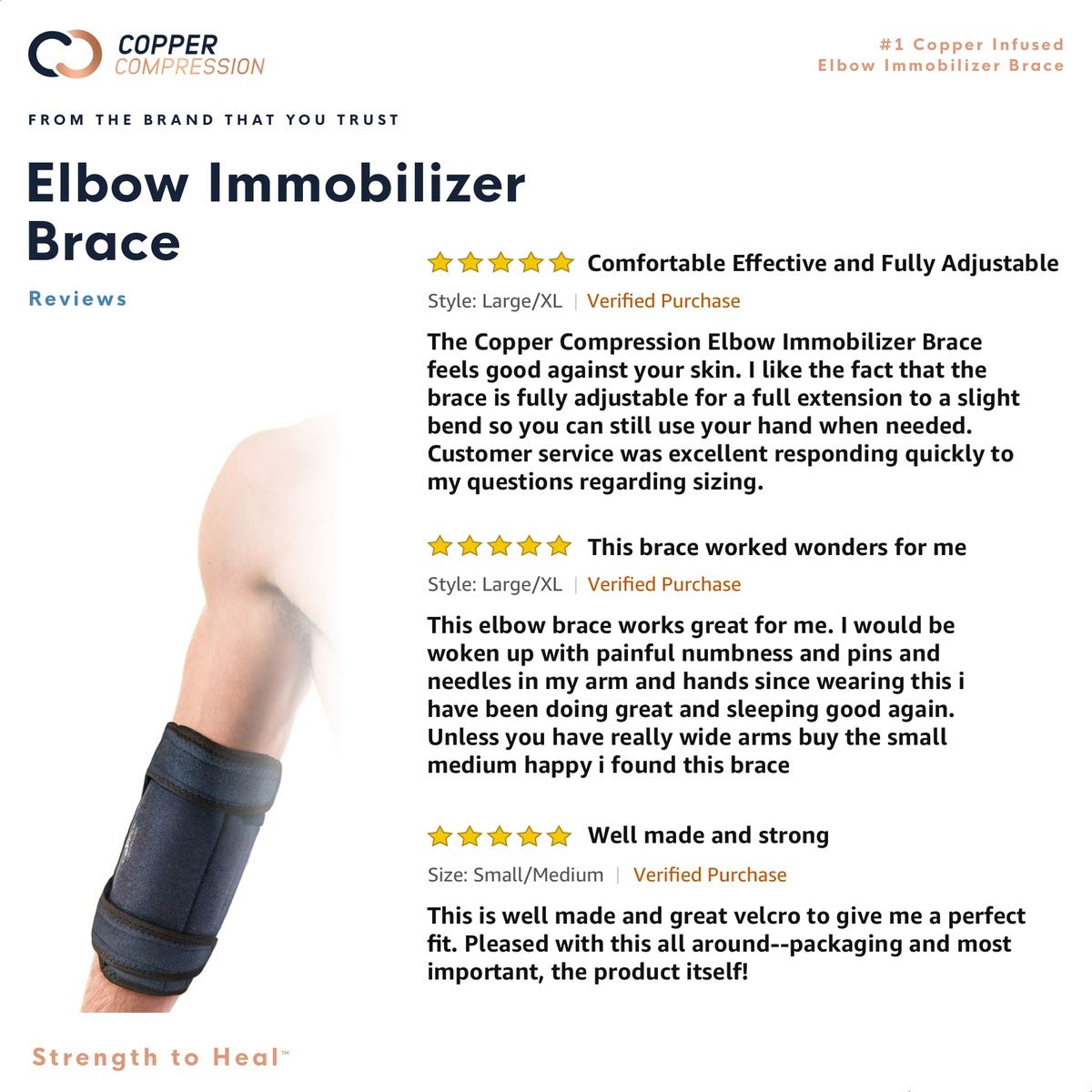Copper Compression Elbow Immobilizer Brace for Men and Women. Support Cubital Tunnel Syndrome, Ulnar Nerve, Tendonitis, Tennis + Golfers Elbow, Sleeping. Adjustable Arm Splint Stabilizer + Protector : Health & Household