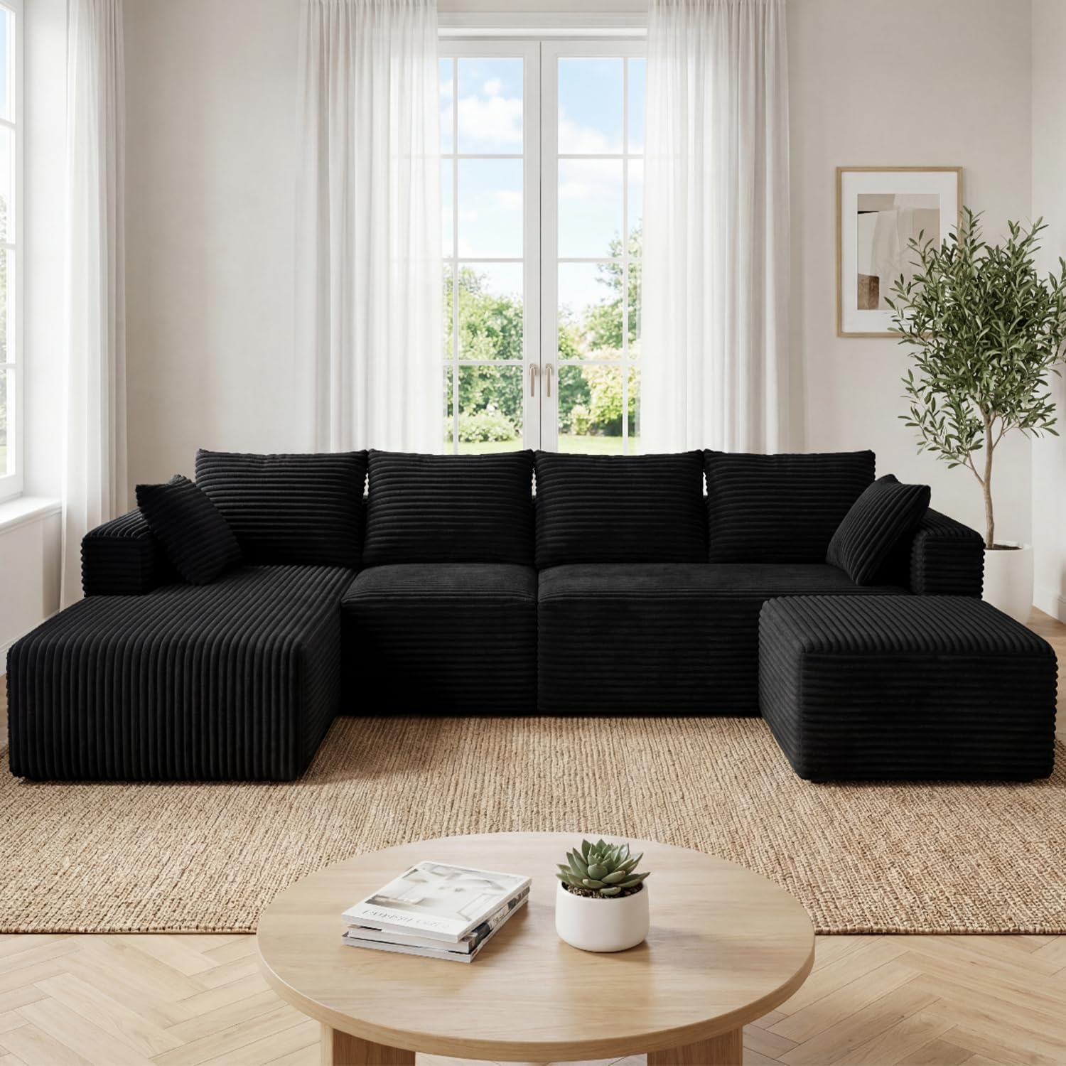 118" Modular Sectional Sofa with Chaise and Ottoman, Oversized U-Shaped Corduroy Cloud Couch, Deep Seat Boneless Couch for Living Room, No-Assembly,Black(Left Facing Chaise)