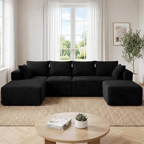 118" Modular Sectional Sofa with Chaise and Ottoman, Oversized U-Shaped Corduroy Cloud Couch, Deep Seat Boneless Couch for Living Room, No-Assembly - Black (Left Facing Chaise)