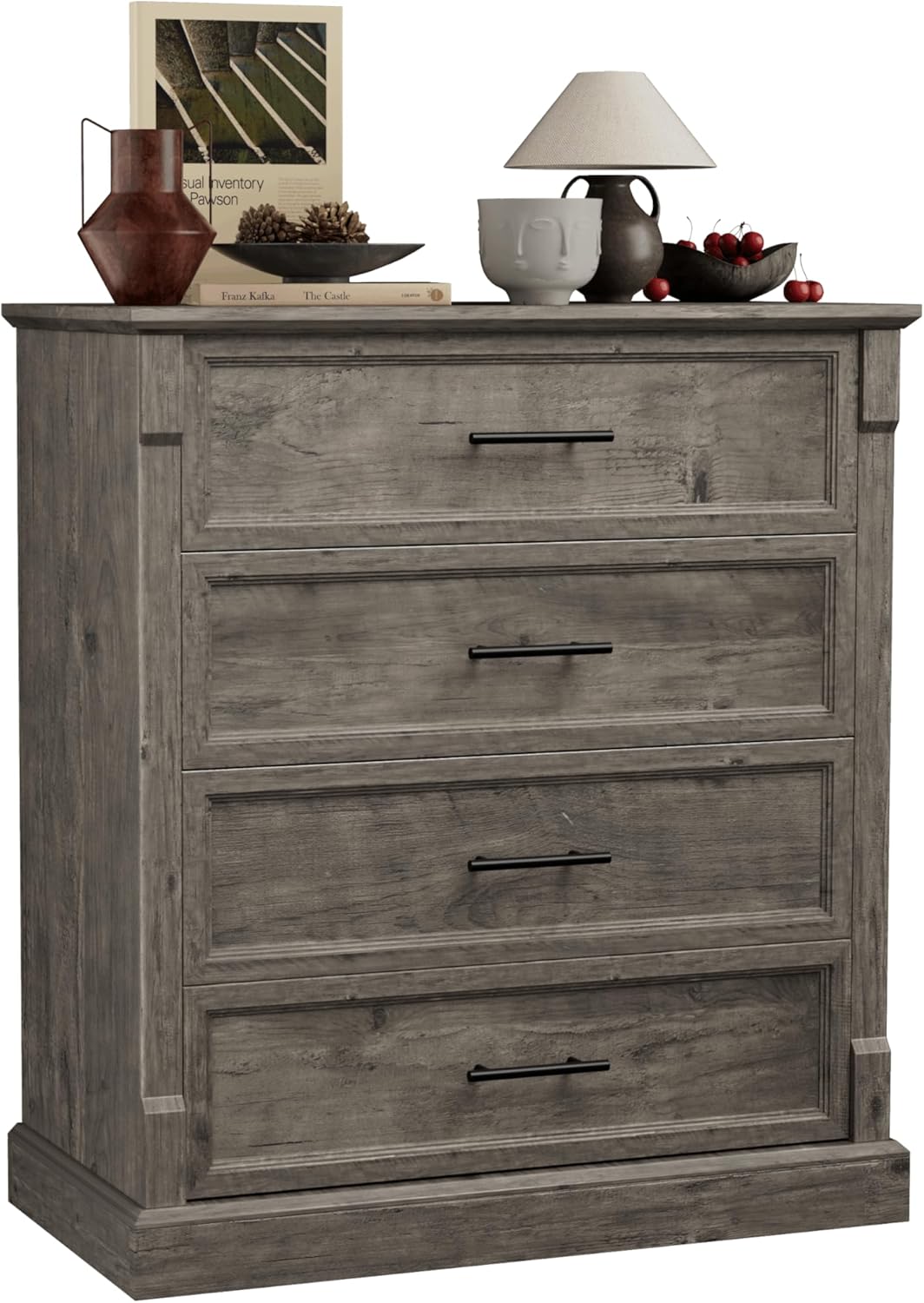 GarveeHome Farmhouse 4 Drawer Dresser for Bedroom, Tall Chest of Drawers with Metal Handles, Rustic Wooden Dresser TV Stand, for Living Room, Hallway, Grey