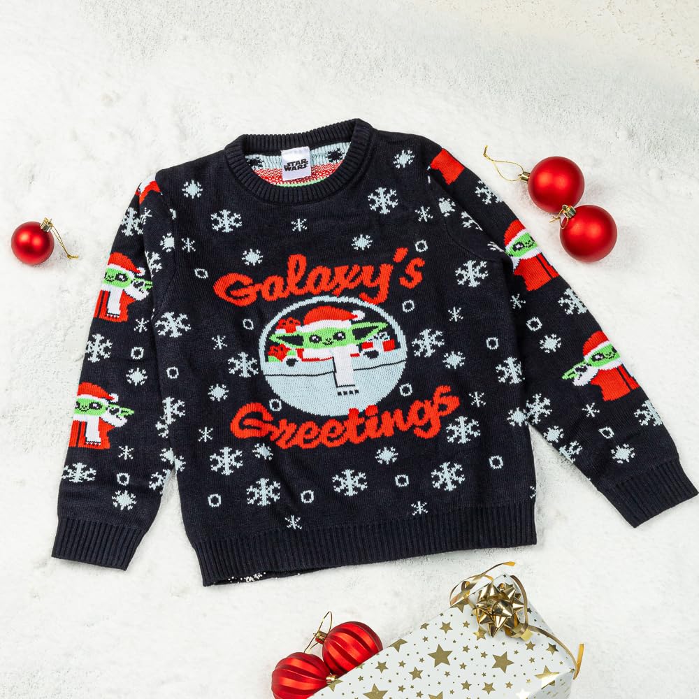 Star Wars Mandalorian Christmas Jumper | Jersey de Navidad para niños | Sudadera de Navidad de punto acrílico Grogu para niños | Regalos mandalorianos para niños