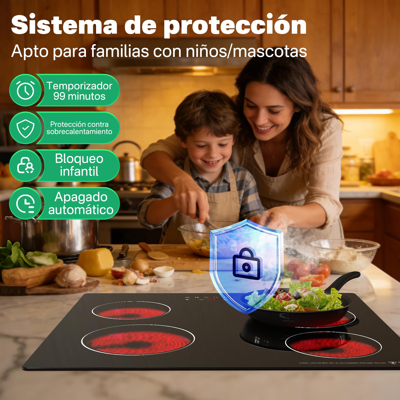 Placa Vitrocerámica 60 cm 4 Zonas, 6000W Integrable, Control Táctil Deslizante, Zonas de Cocción de Anillo Único, Sin Enchufe Conexión Directa