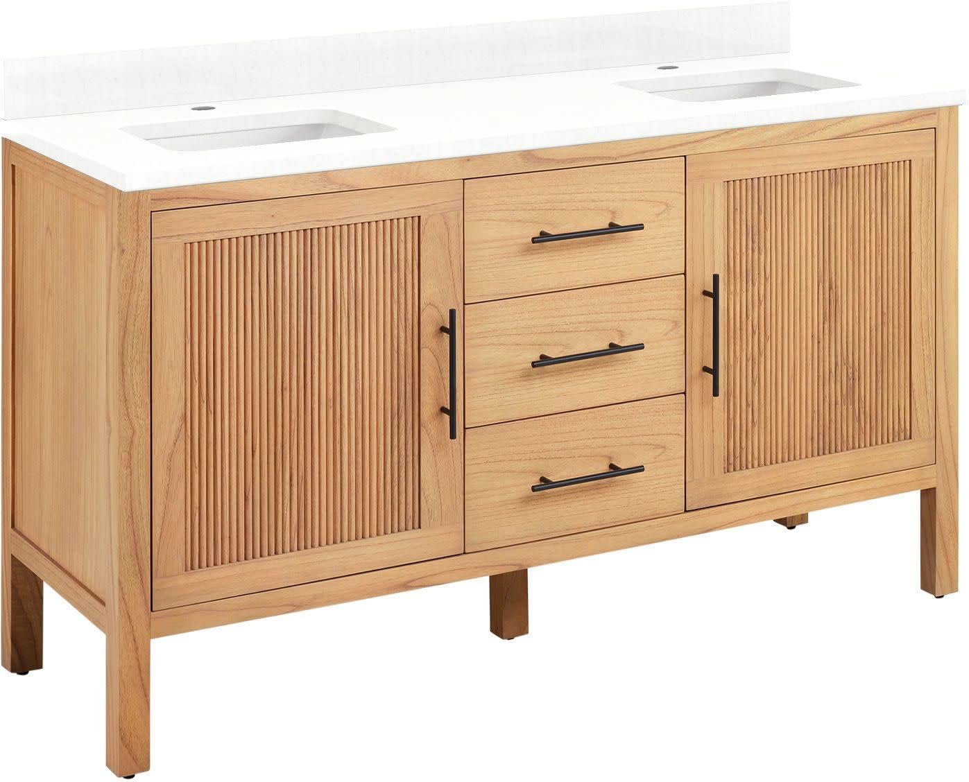 Signature Hardware 481818 Ayanna 60" Free Standing Double Vanity Set with Mindi Wood Cabinet, Vanity Top and Rectangular Undermount Vitreous China Sink - Single Faucet Hole