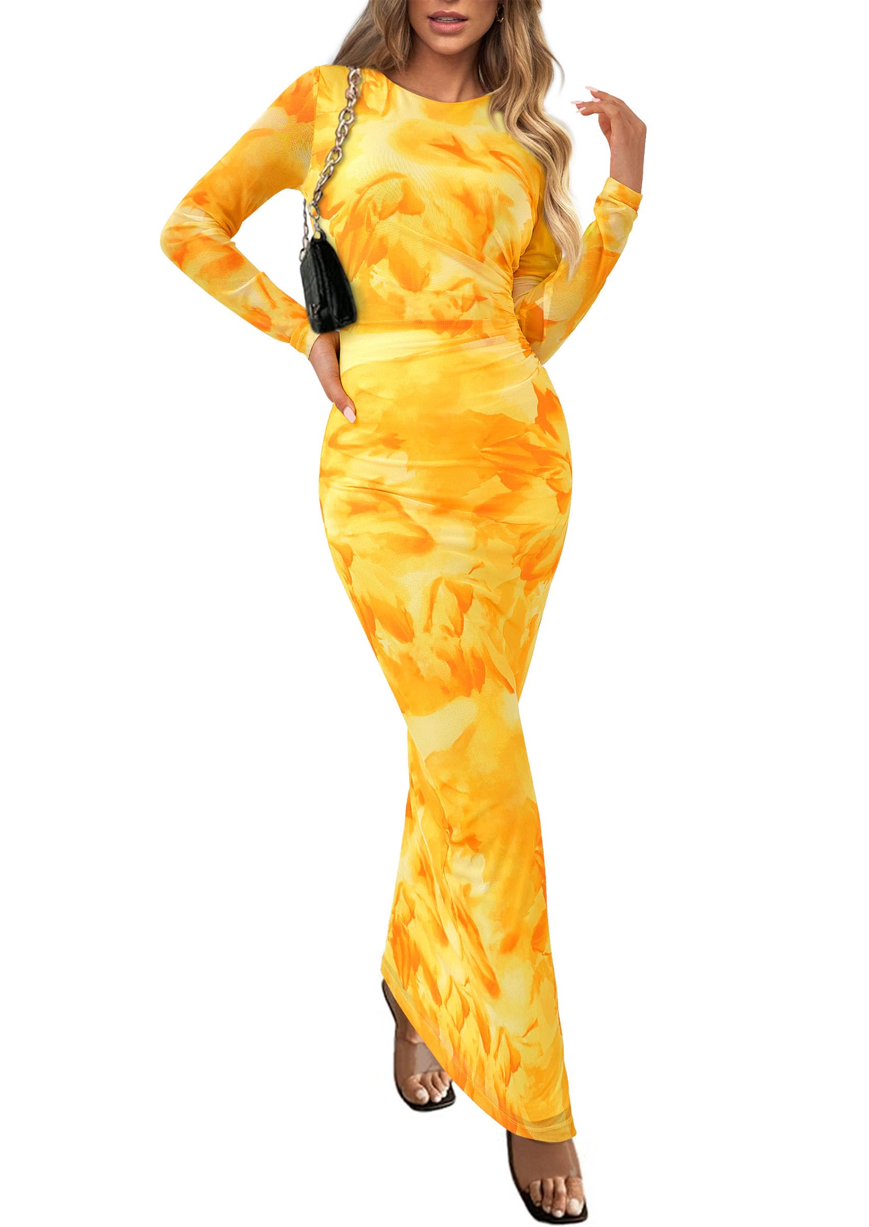 PRETTYGARDEN Women's Bodycon Maxi Dress Fall Spring Fashion Long Sleeve Floral Print Tight Fitted Party Club Ruched Dresses