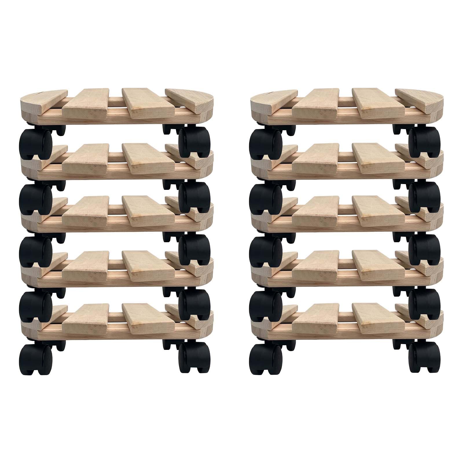 10x Dessous de plat à roulettes rond Rouleau à plantes 30x30 cm - charge max. 120 kg - en bois de hêtre - Stable & robuste - Pour pots de plantes, meubles & objets lourds