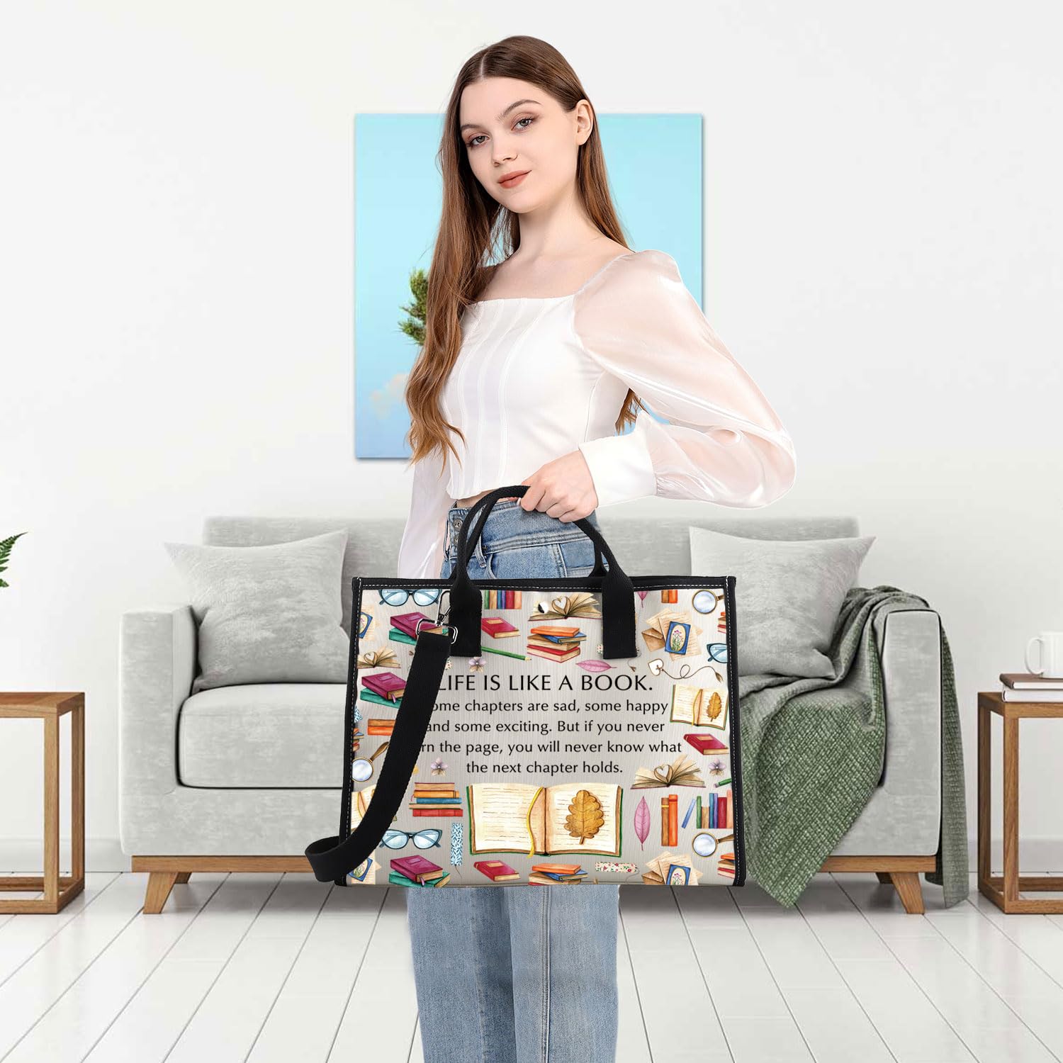PLITI Book Lover Tote Bag Book Club Gift for Women Reading Lover Gift Bibliophile Bookworm Gift Librarian Retirement Gift (Life like book TEU) - Image 3