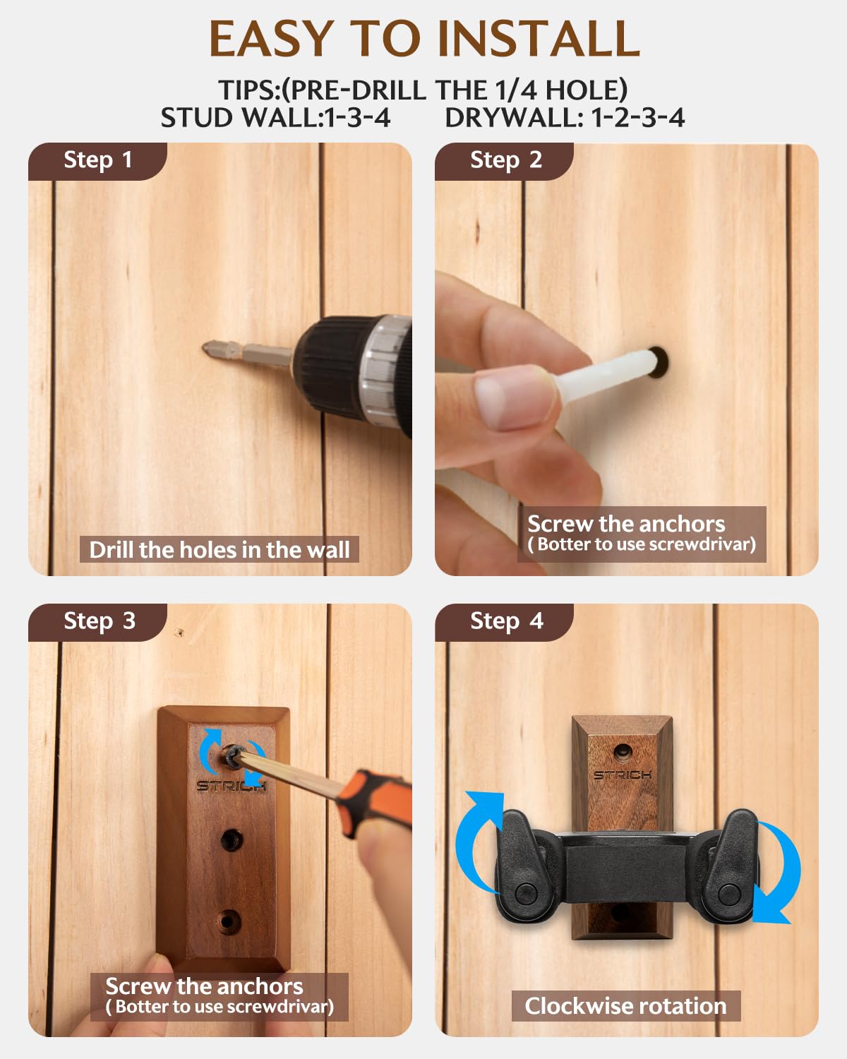 STRICH Supporto da parete per chitarra, in noce, a forma di U, con viti, blocco automatico, gancio per chitarra acustica, elettrica, banjo, basso (confezione da 3)