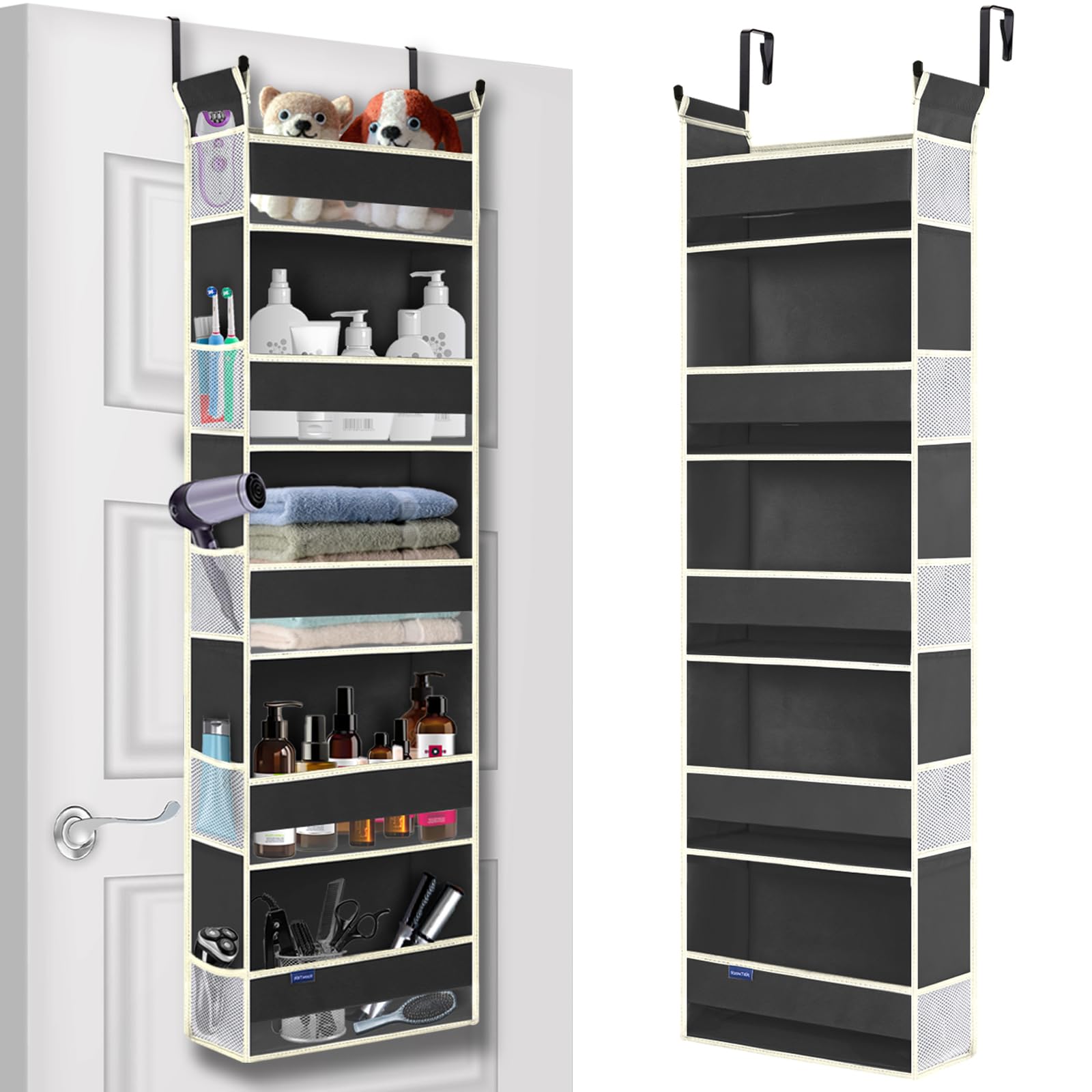Over The Door Hanging Organizer 5-Shelves and 10 Side Pockets, Over The Door Storage for Bathroom and Bedroom, Back of Door Organizers for Baby Accessories and Kid's Toys (13"x5"x44", Black)