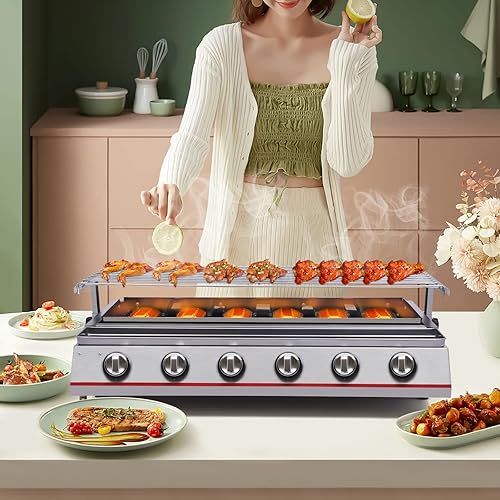 Miniatura 3 de Parrilla de gas de 6 quemadores al aire libre de mesa de picnic barbacoa de acero inoxidable parrilla de gas para patio, jardín, camping, picnic,
