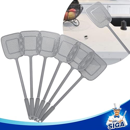 Miniatura 4 de MR.SIGA Matamoscas de mango largo resistente, gris, paquete de 6