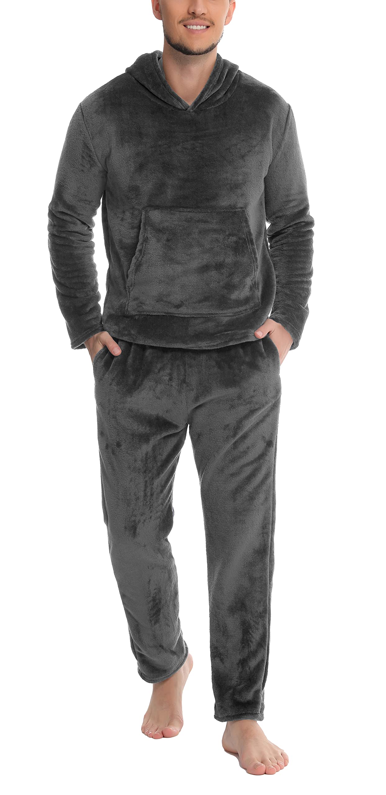 Lovasy Schlafanzug Herren Lang Warm Winter Fleece Pyjama mit Kapuzen Flanell Schlafanzüge für Herren mit Taschen