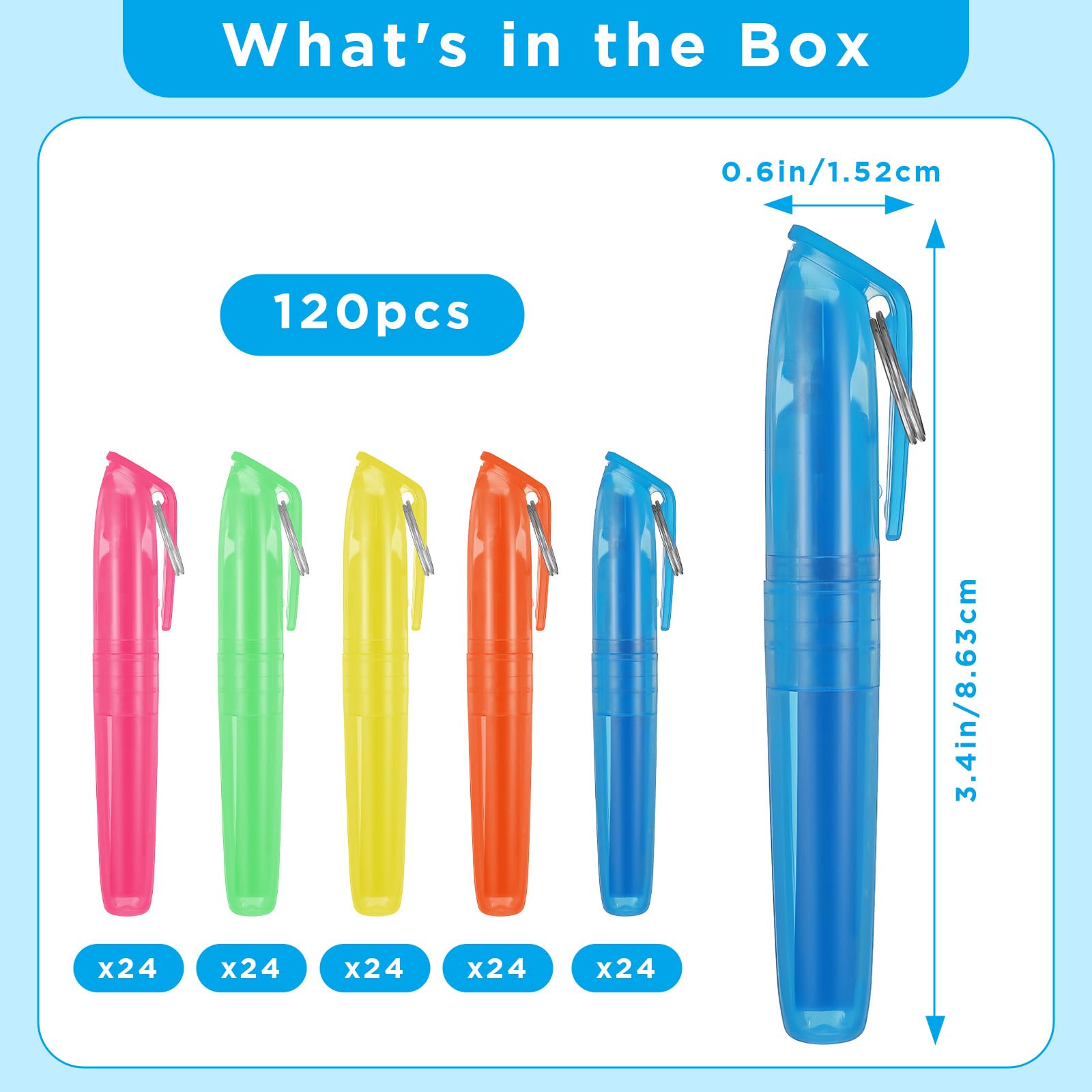 Mini-Textmarker mit Schlüsselanhänger, 5 lebendige Farben (Blau, Grün, Gelb, Orange, Rosa), kompakt, schnell trocknend und tragbar, für Lernen, Büro und Zuhause, 120 Stück