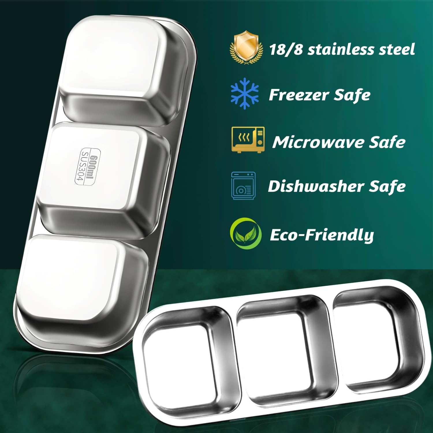 ARTLEO Reusable 20 Oz Stainless Steel Snack Containers with Lids, Leekproof 3 Compartment Food Storage Containers Set and 1.6 Oz Salad Dressing Container, for Kids & Adults, Picnics, Work - Image 5