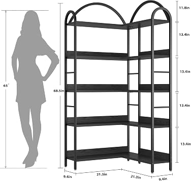 Corner Bookcase 5 Tiers, 68.5 Arched Industrial Large Bookshelf with Wood Shelves and Metal Frame - Modern Storage Display for Home Office, Living Room, Bedroom - Black