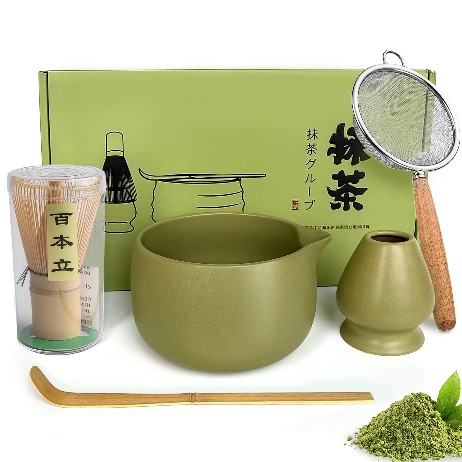 20Oz Matcha Set Whisk and Bowl Kit, Matcha Whisk Set, Ceramic Bowl with Pouring Spout, Bamboo Spoon, Sifter, Bamboo Whisks and Broom Holder, Gift Sets for Beginners and Enthusiasts