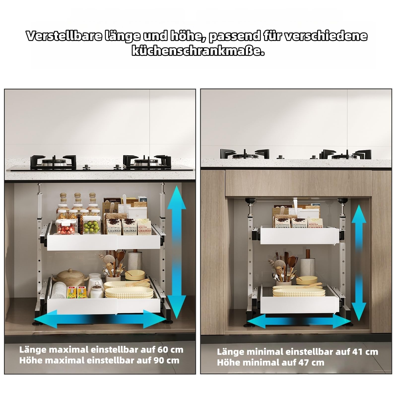 2-Ebenen Spülschrank Organizer Höhenverstellbar Teleskopschublade Unter Waschbecken Regal Unterschrank Organizer Küchenschrank Innenschublade Organizer für Küchen, Badezimmer (Weiß)