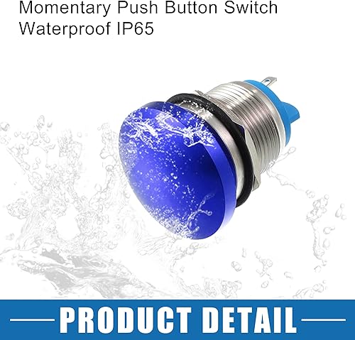 Miniatura 6 de A ABSOPRO Interruptor de botón con forma de cabeza de hongo momentáneo impermeable IP65 para automóvil metal de 0748in 3A 250 V color azul juego de 2