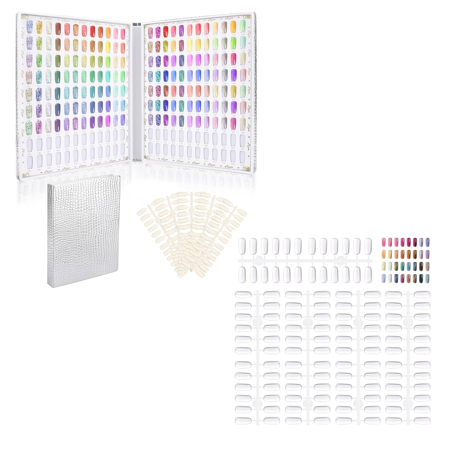 Segbeauty 216 Colors Nail Gel Book 720pcs Clear False Nail Tips, Flat Square Fake Nail Art Tips for Nail Color Display Book, Professional Nail Polish Display Chart with 240 False Nail Tips