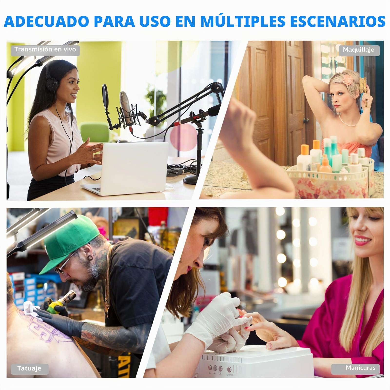 Luz LED de Cuatro Brazos para Fotografía, Lámpara Cosmética, Luz de Pestañas con Trípode y Soporte para Teléfono para Maquillaje, Pestañas, Cejas, Tatuaje, Manicura, Stream, Fotografía de Producto
