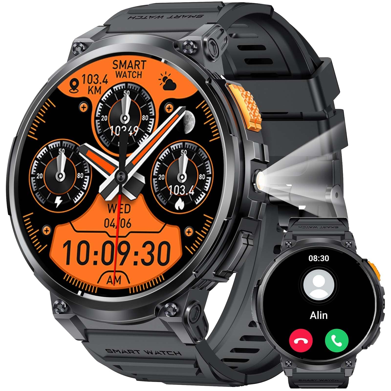 Military Smart Watches for Men with LED Flashlight 1.85