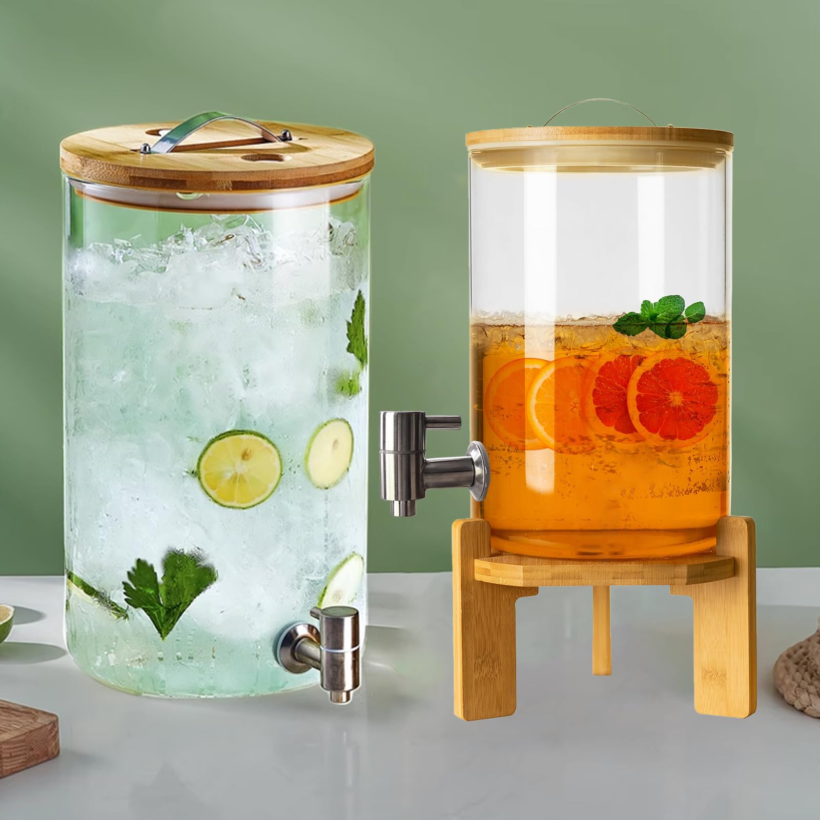 Máquina de bebidas de vidrio de 11 l, exprimidor grande con soporte de madera y grifo de acero inoxidable, botella de limonada para fiestas, dispensador de bebidas para restaurantes y bares, 8 l